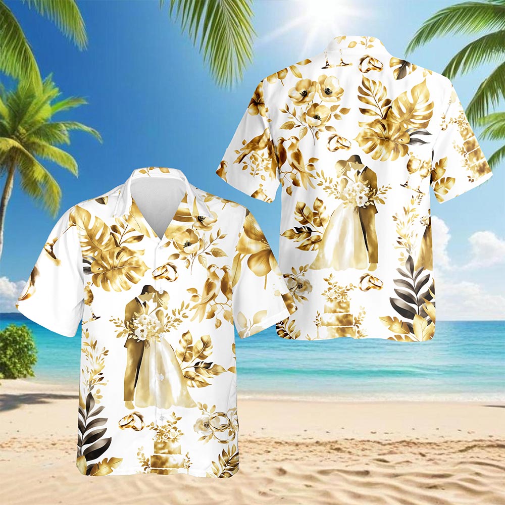 Netecom Wedding Engraved Hawaiian Shirt for Men, Tropical Style, Button Down Summer Beach Short Sleeve, S-5XL
