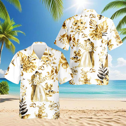 Netecom Wedding Engraved Hawaiian Shirt for Men, Tropical Style, Button Down Summer Beach Short Sleeve, S-5XL