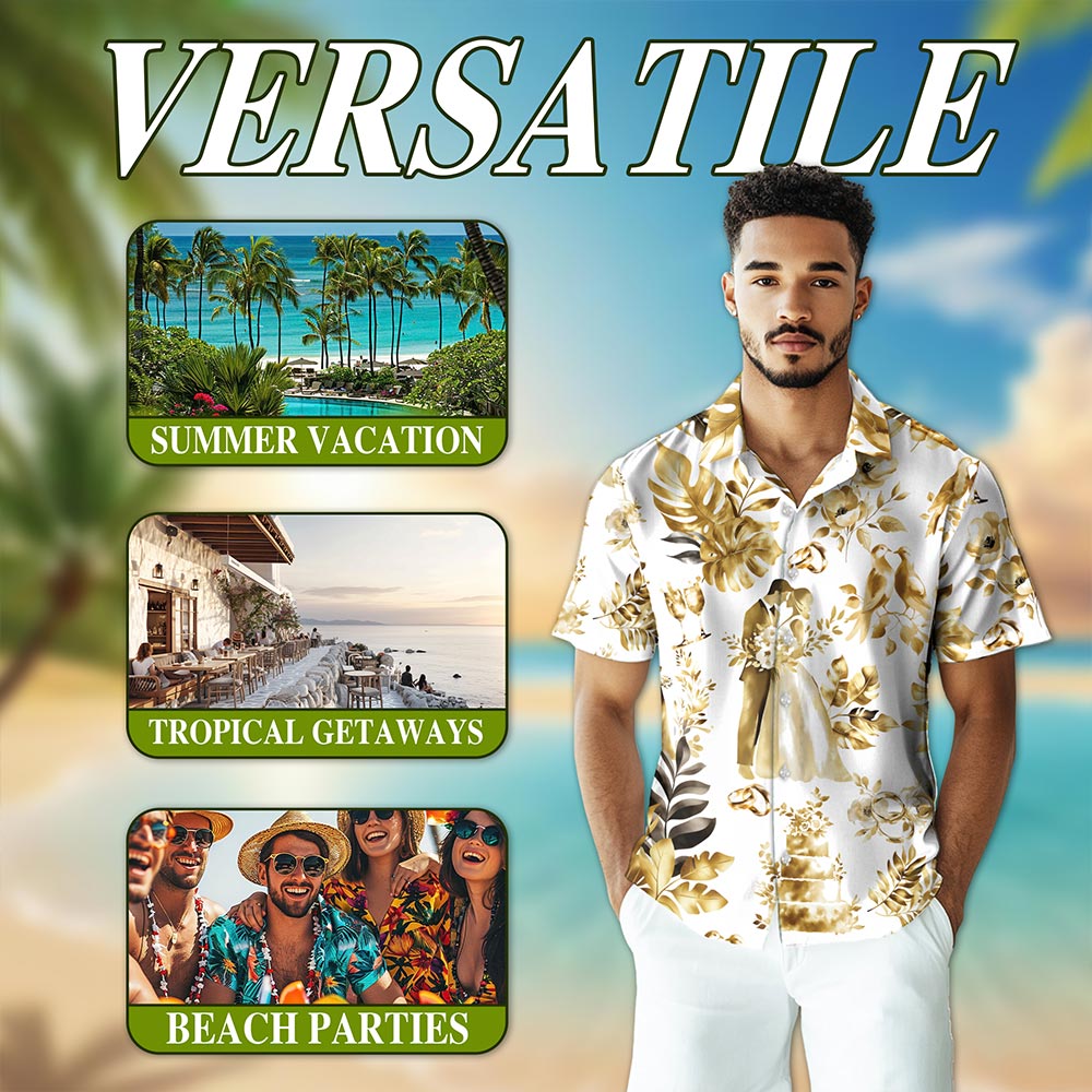 Netecom Wedding Engraved Hawaiian Shirt for Men, Tropical Style, Button Down Summer Beach Short Sleeve, S-5XL