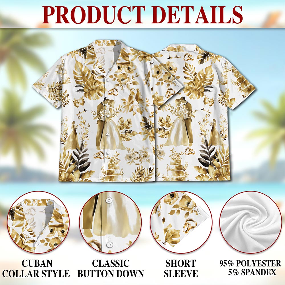 Netecom Wedding Engraved Hawaiian Shirt for Men, Tropical Style, Button Down Summer Beach Short Sleeve, S-5XL
