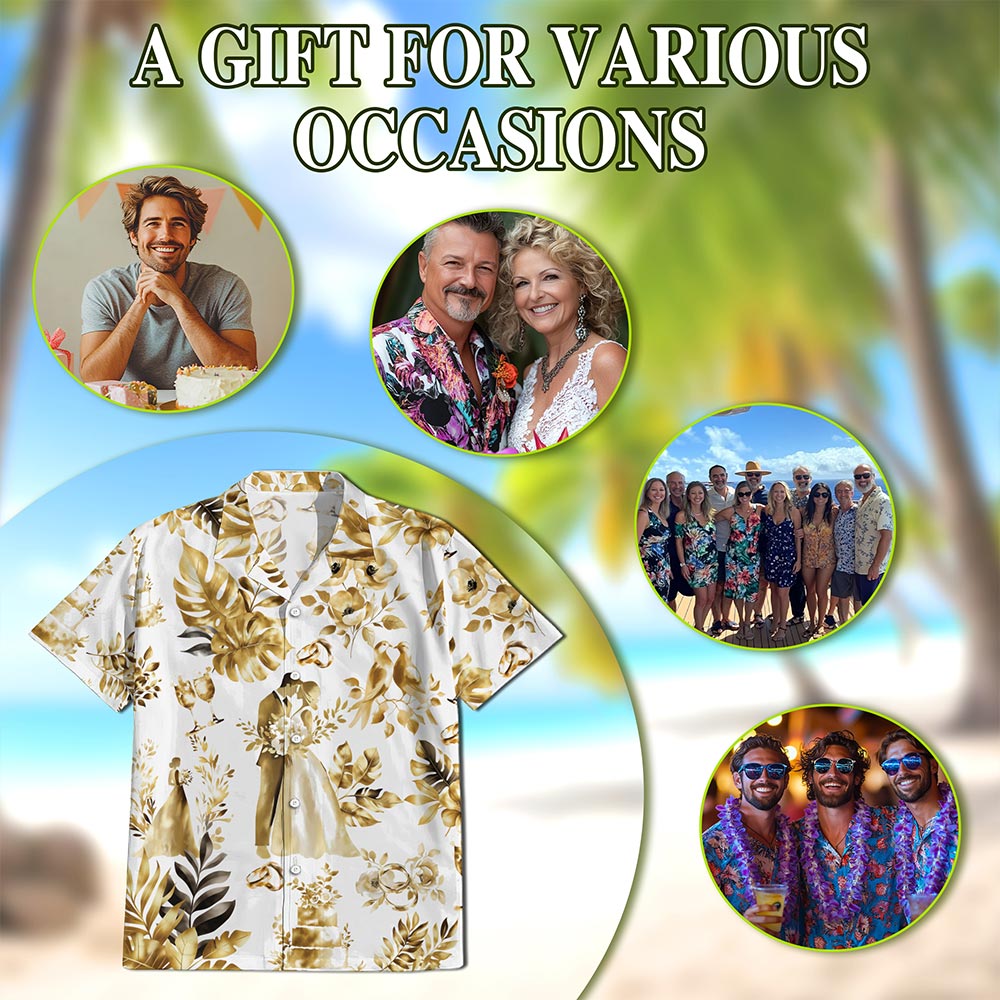 Netecom Wedding Engraved Hawaiian Shirt for Men, Tropical Style, Button Down Summer Beach Short Sleeve, S-5XL