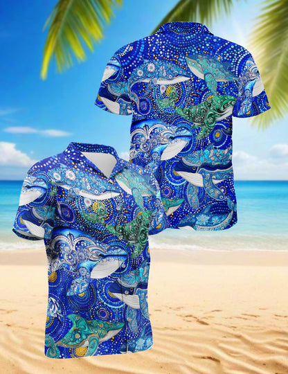 Netecom Whale Hawaiian Shirt for Men, Ocean Style, Button Down Summer Beach Short Sleeve, S-5XL