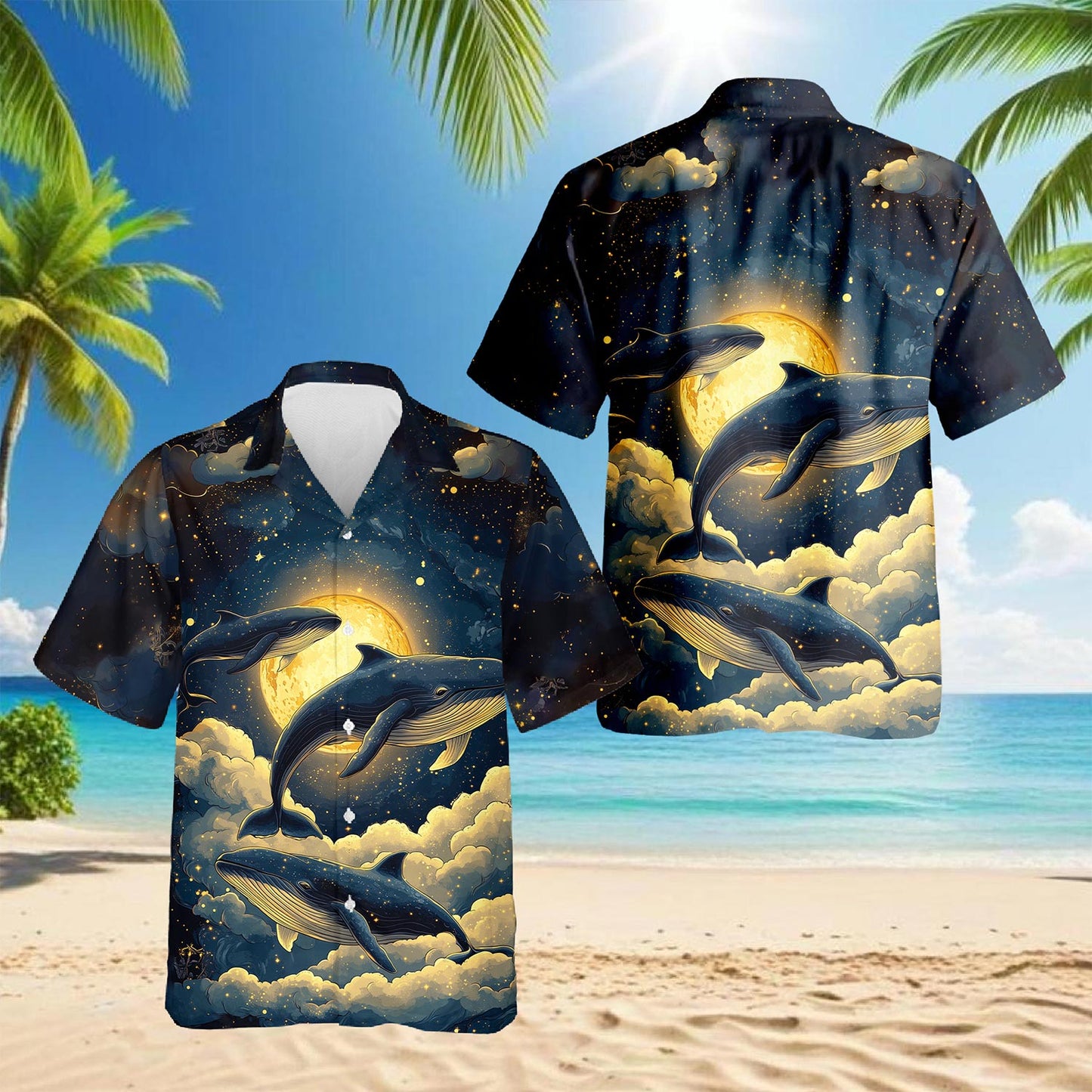 Netecom Whale Midnight Hawaiian Shirt for Men, Button Down Summer Beach Short Sleeve, Fantasy Style, S-5XL