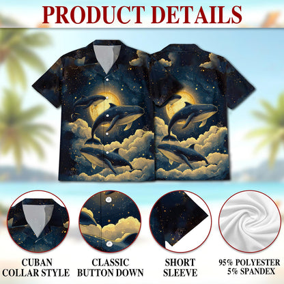 Netecom Whale Midnight Hawaiian Shirt for Men, Button Down Summer Beach Short Sleeve, Fantasy Style, S-5XL