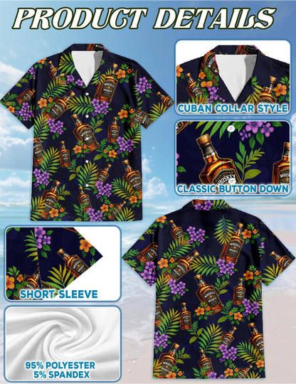 Netecom Whiskey Hawaiian Shirt for Men, Tropical Style, Button Down Summer Beach Short Sleeve, S-5XL
