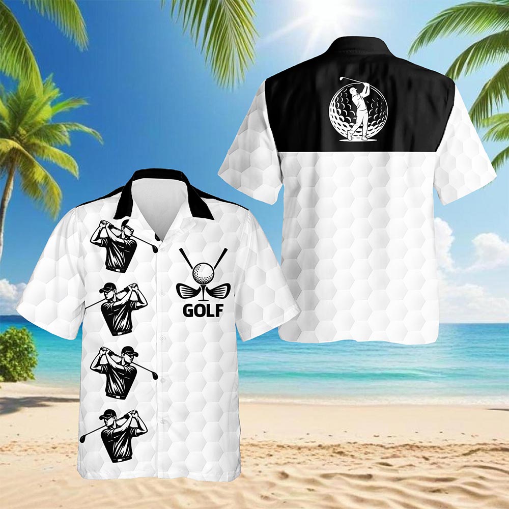 Netecom White Golf Ball Hawaiian Shirt for Men, Sporty Golf Style, Button Down Summer Beach Short Sleeve, S-5XL