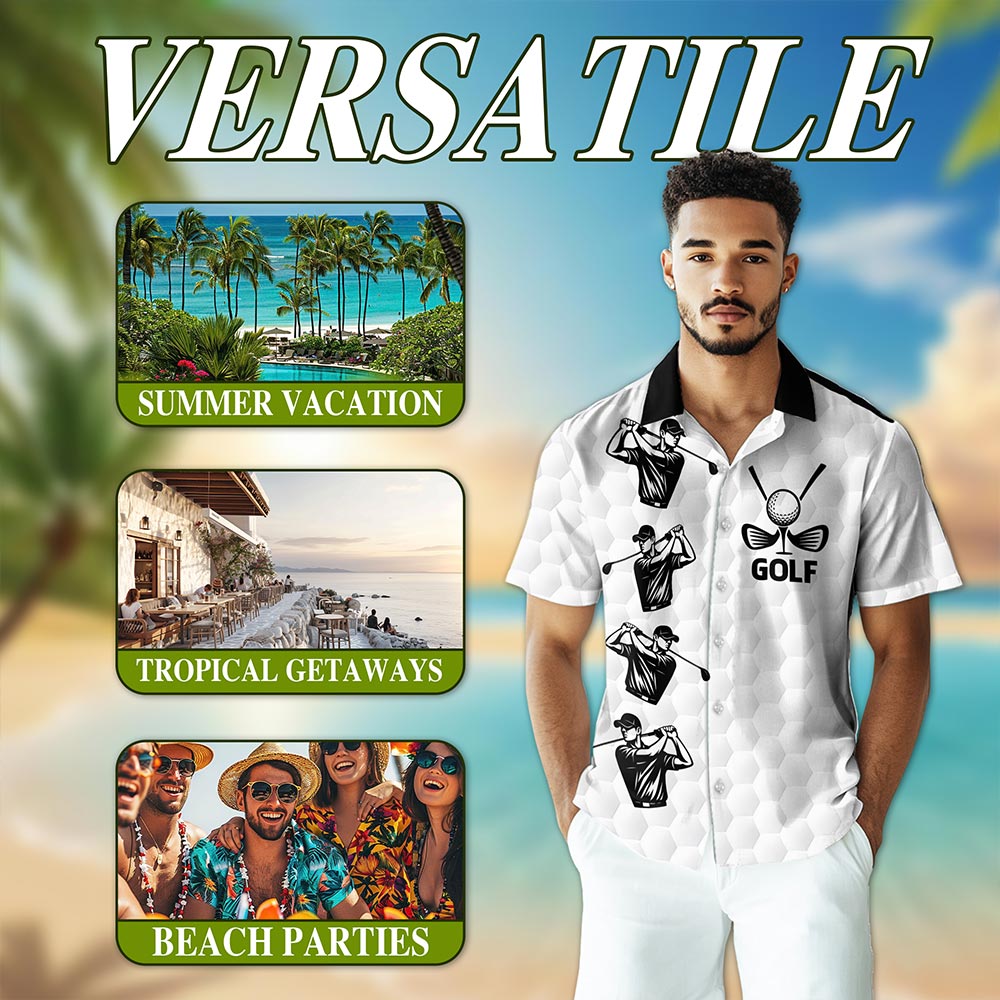Netecom White Golf Ball Hawaiian Shirt for Men, Sporty Golf Style, Button Down Summer Beach Short Sleeve, S-5XL