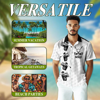 Netecom White Golf Ball Hawaiian Shirt for Men, Sporty Golf Style, Button Down Summer Beach Short Sleeve, S-5XL