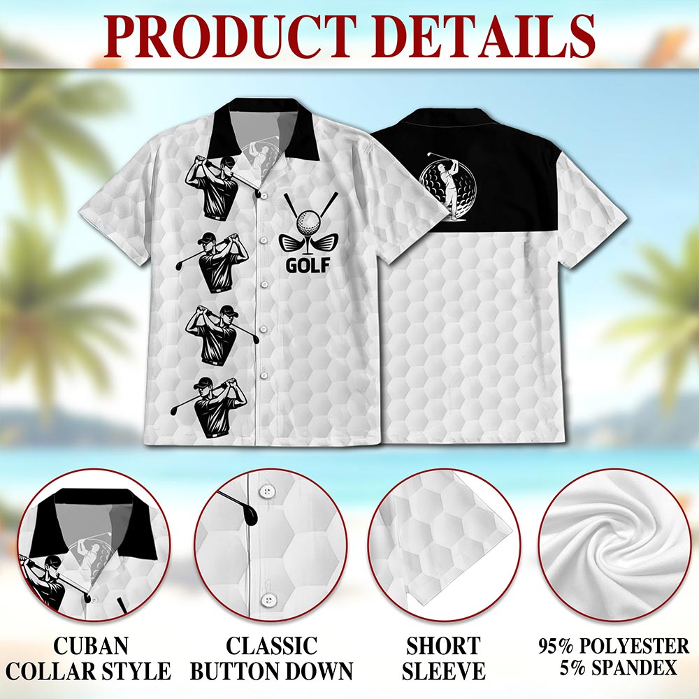 Netecom White Golf Ball Hawaiian Shirt for Men, Sporty Golf Style, Button Down Summer Beach Short Sleeve, S-5XL
