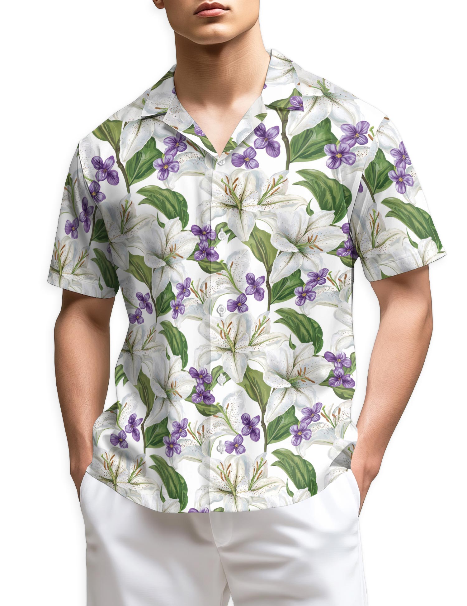 Netecom White Lilies With Violets Hawaiian Shirt for Men
