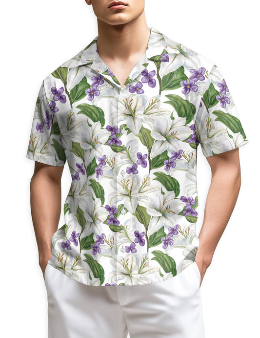 Netecom White Lilies With Violets Hawaiian Shirt for Men