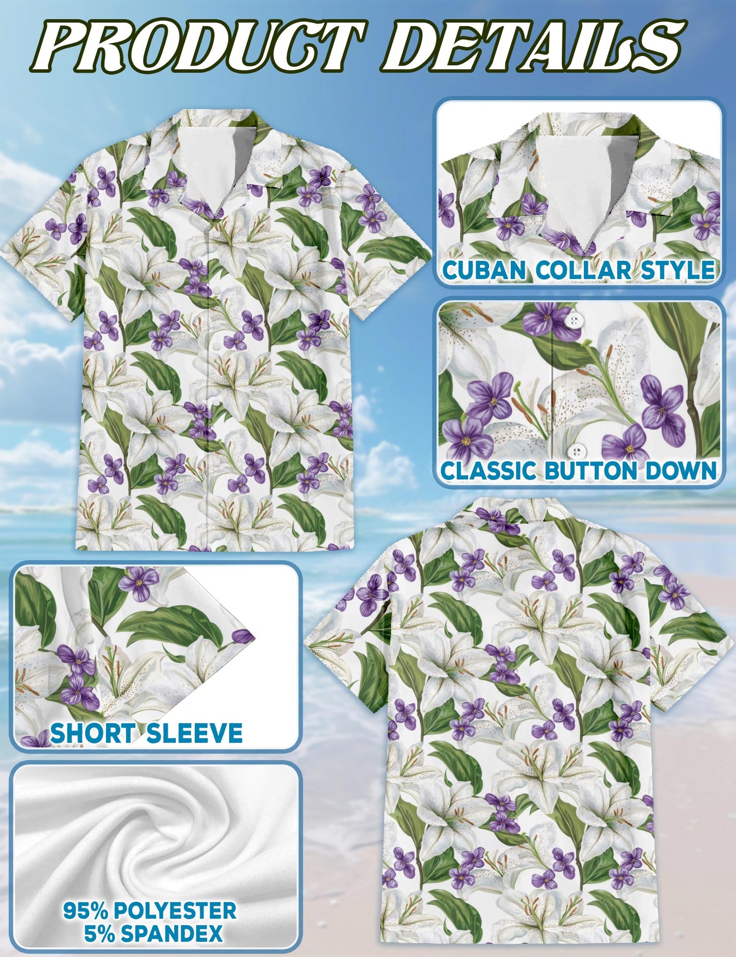 Netecom White Lilies With Violets Hawaiian Shirt for Men, Floral Lover Gifts, Tropical Button Down Summer Beach Short Sleeve Shirts, S-5XL
