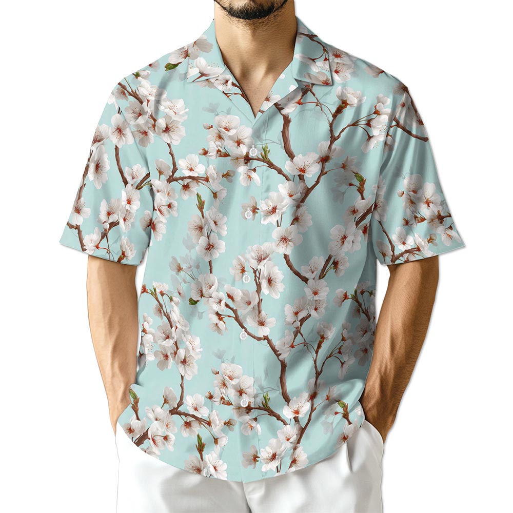 Netecom White Sakura Cherry Blossom Hawaiian Shirt for Men