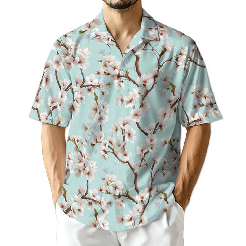 Netecom White Sakura Cherry Blossom Hawaiian Shirt for Men