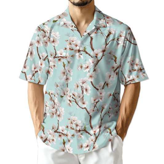 Netecom White Sakura Cherry Blossom Hawaiian Shirt for Men
