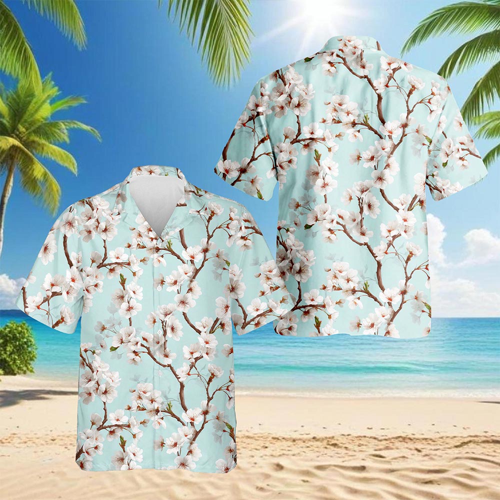 Netecom White Sakura Cherry Blossom Hawaiian Shirt for Men, Floral Style, Tropical Summer Beach Button Down Short Sleeve Shirts, S-5XL