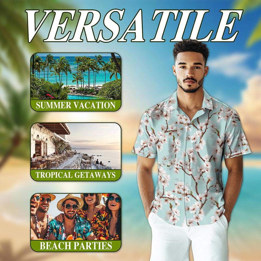 Netecom White Sakura Cherry Blossom Hawaiian Shirt for Men, Floral Style, Tropical Summer Beach Button Down Short Sleeve Shirts, S-5XL
