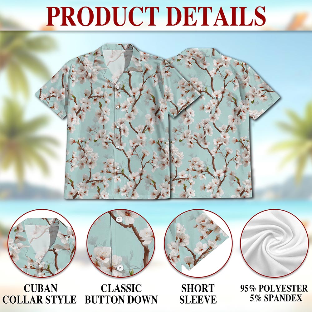 Netecom White Sakura Cherry Blossom Hawaiian Shirt for Men, Floral Style, Tropical Summer Beach Button Down Short Sleeve Shirts, S-5XL