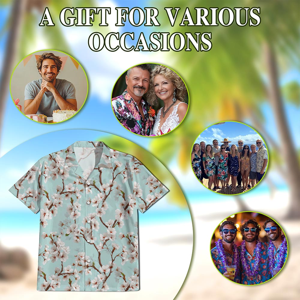 Netecom White Sakura Cherry Blossom Hawaiian Shirt for Men, Floral Style, Tropical Summer Beach Button Down Short Sleeve Shirts, S-5XL