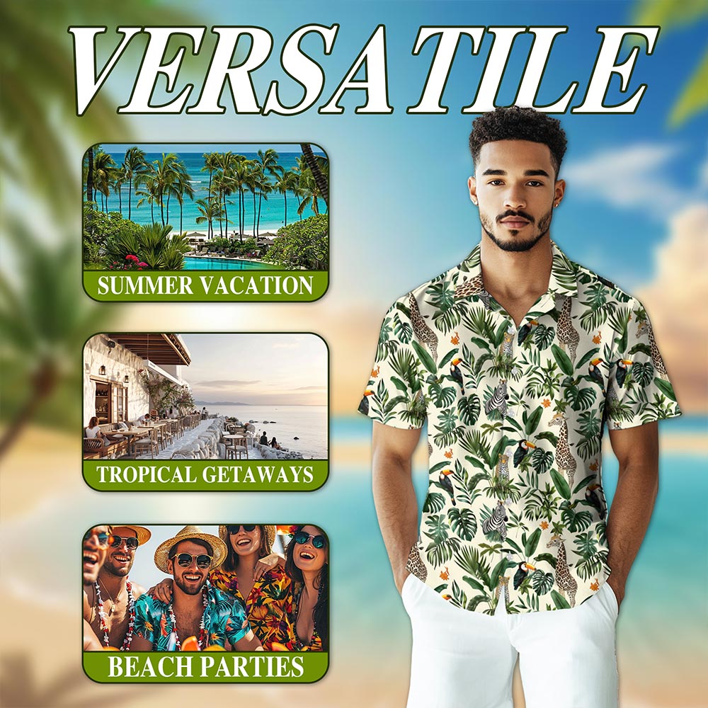 Netecom Wild Animal Hawaiian Shirt for Men, Tropical Style, Button Down Summer Beach Short Sleeve, S-5XL