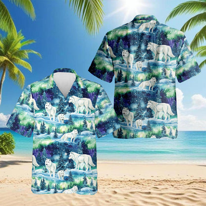 Netecom Winter Wolf Hawaiian Shirt for Men, Wolf Lover Gifts, Wild Animal Button Down Summer Beach Short Sleeve, Sizes S-5XL