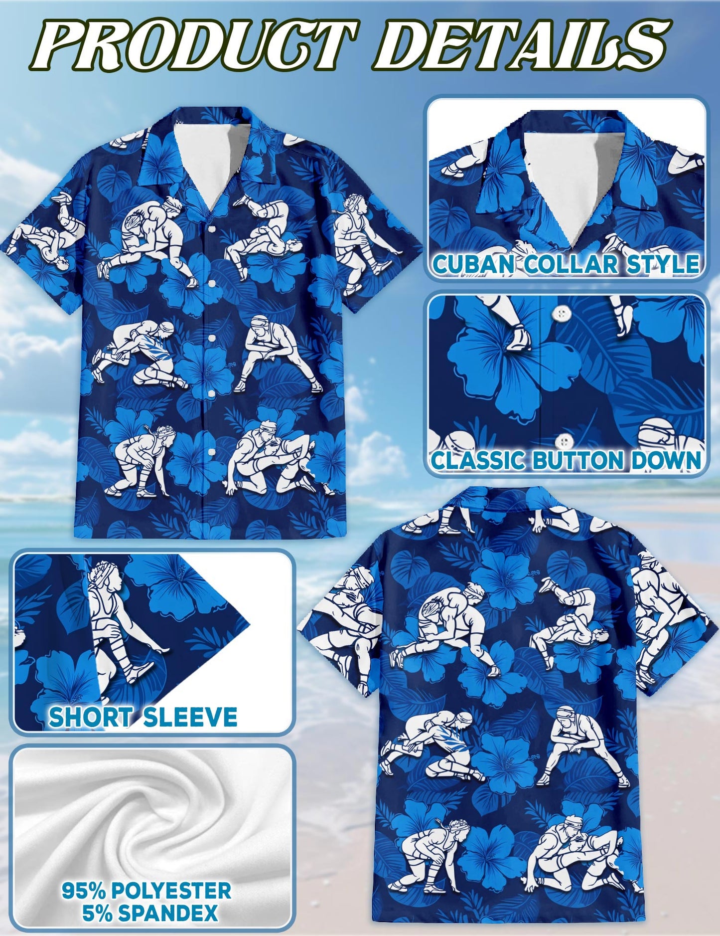 Netecom Wrestling Hawaiian Shirt for Men, Sporty Style, Button Down Summer Beach Short Sleeve, S-5XL