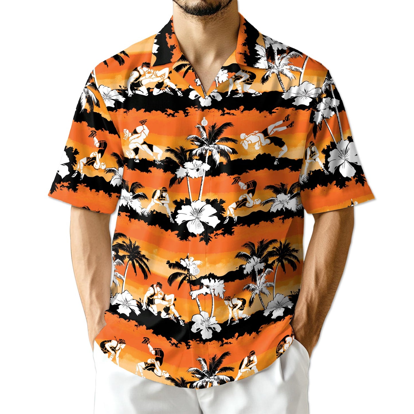 Netecom Wrestling Orange Hibiscus Hawaiian Shirt for Men