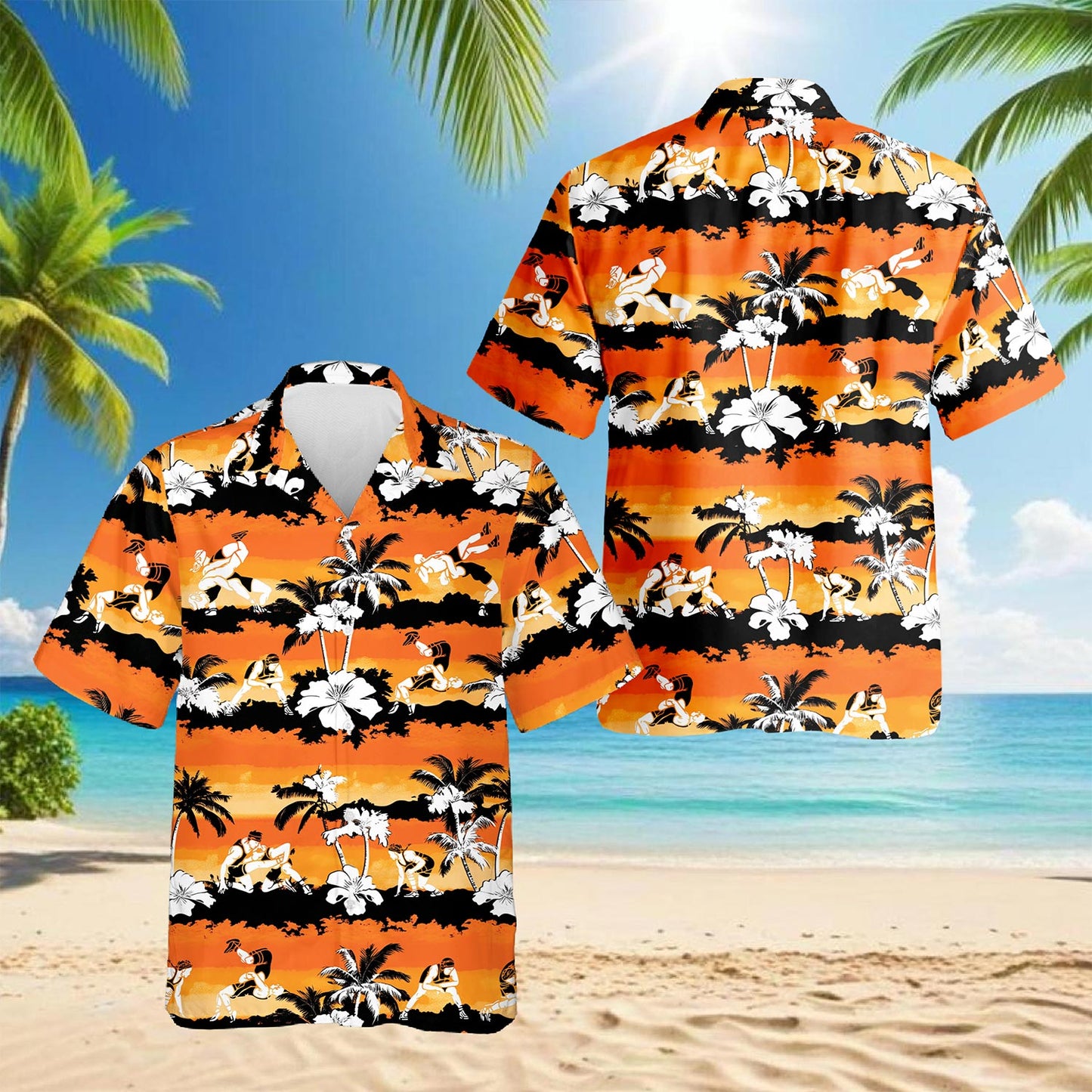 Netecom Wrestling Orange Hibiscus Hawaiian Shirt for Men, Button Down Summer Beach Short Sleeve, Tropical Style, S-5XL