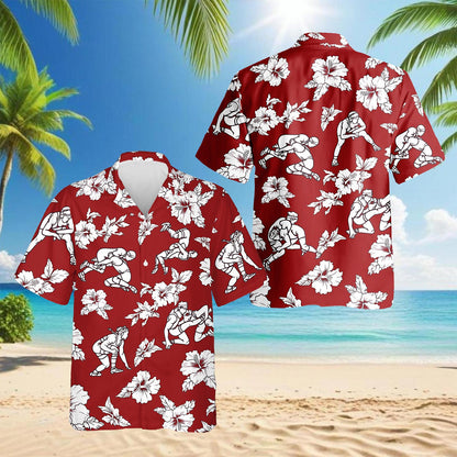 Netecom Wrestling Red Hibiscus Hawaiian Shirt for Men, Button Down Summer Beach Short Sleeve, Tropical Style, S-5XL