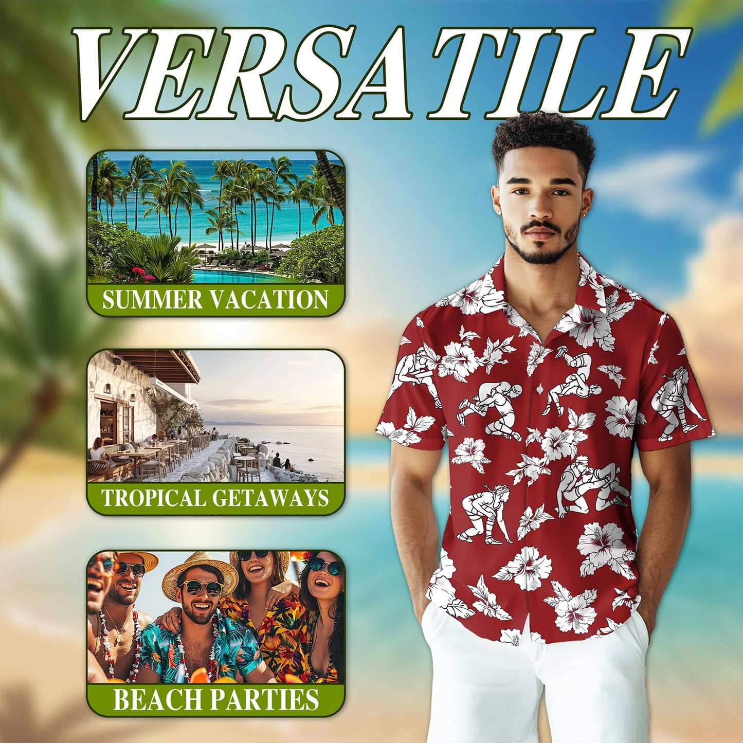 Netecom Wrestling Red Hibiscus Hawaiian Shirt for Men, Button Down Summer Beach Short Sleeve, Tropical Style, S-5XL