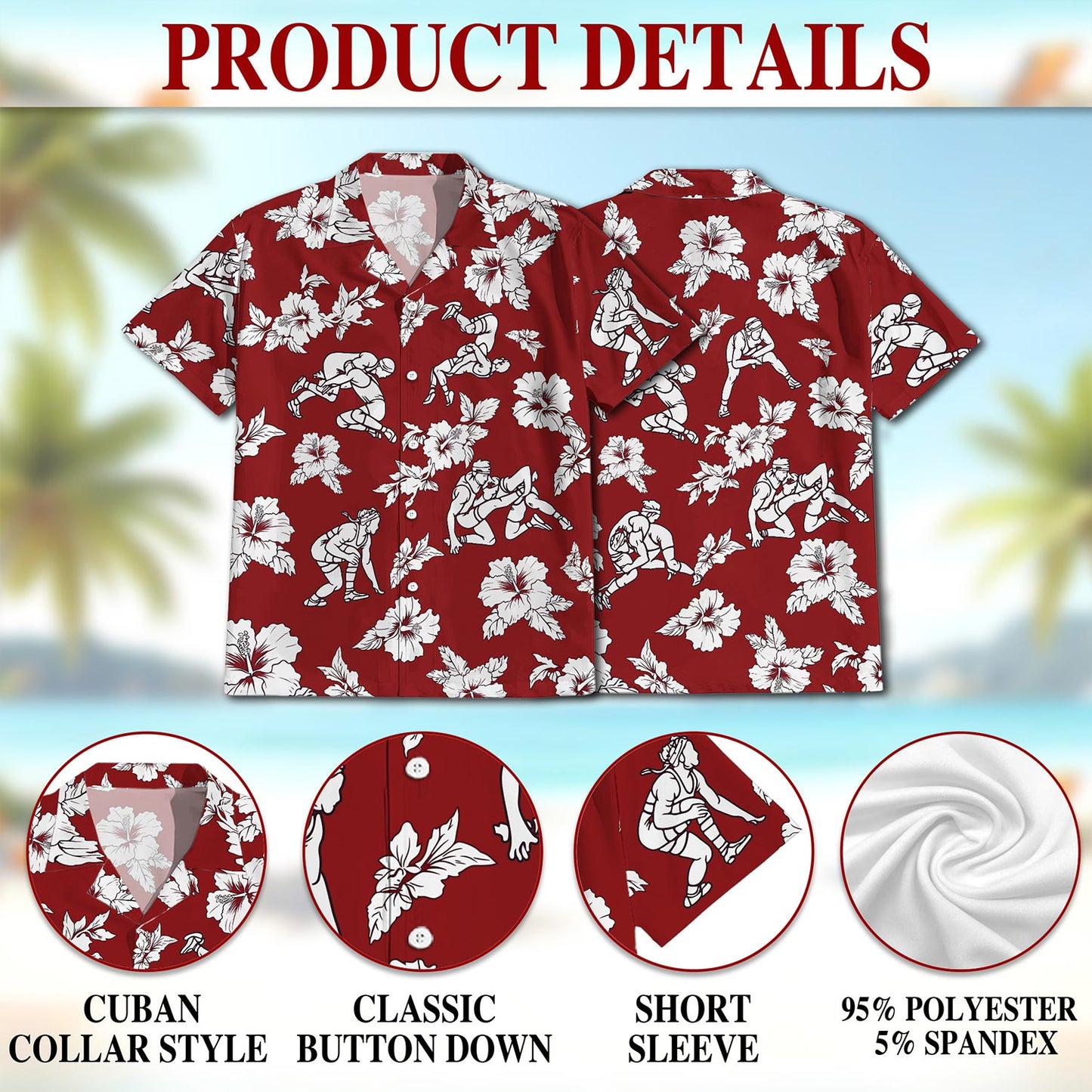 Netecom Wrestling Red Hibiscus Hawaiian Shirt for Men, Button Down Summer Beach Short Sleeve, Tropical Style, S-5XL