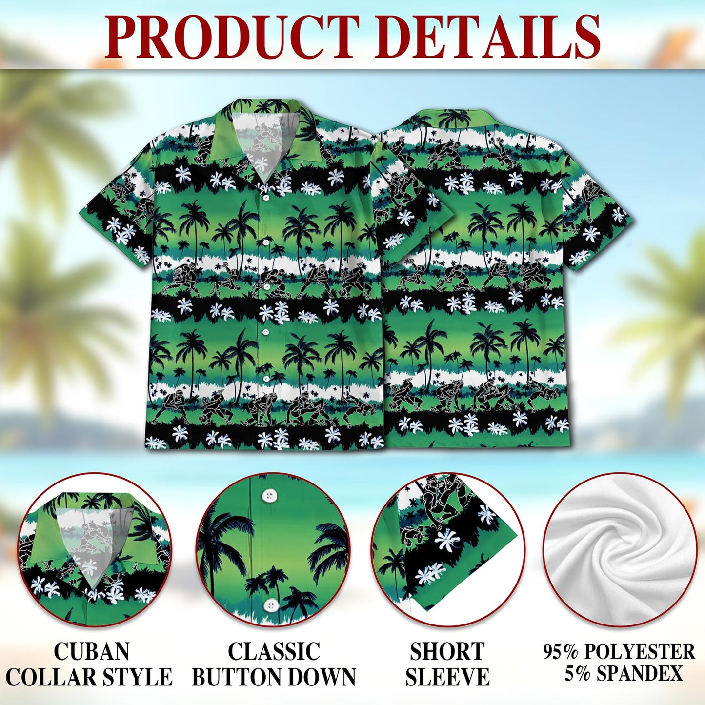 Netecom Wrestling Time Green Palm Tree Hawaiian Shirt for Men, Button Down Summer Beach Short Sleeve, Tropical Style, S-5XL