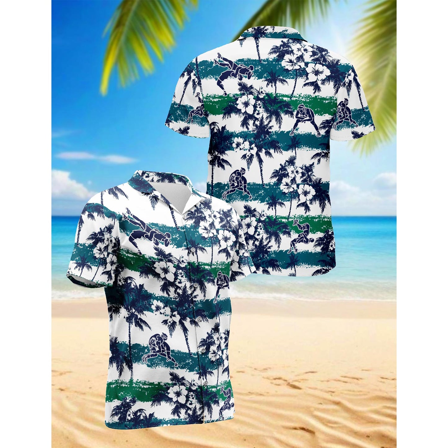 Netecom Wrestling White Palm Hawaiian Shirt for Men, Button Down Summer Beach Short Sleeve, Tropical Style, Sizes S-5XL