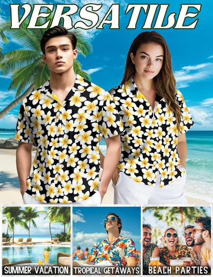 Netecom Yellow Plumeria Hawaiian Shirt for Men, Button Down Summer Beach Short Sleeve, Vintage Style, Sizes S-5XL