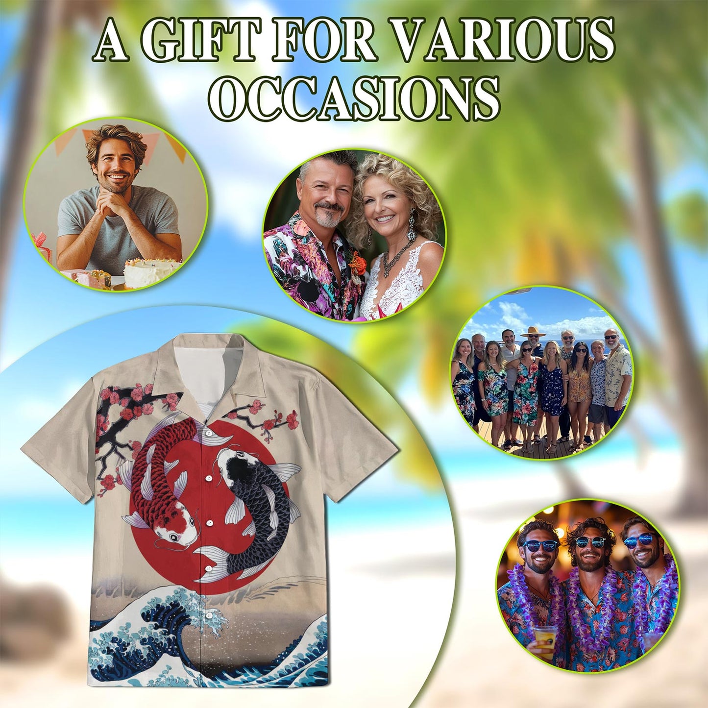 Netecom Yin Yang Koi Fish Hawaiian Shirt for Men, Button Down Summer Beach Short Sleeve, Sizes S-5XL