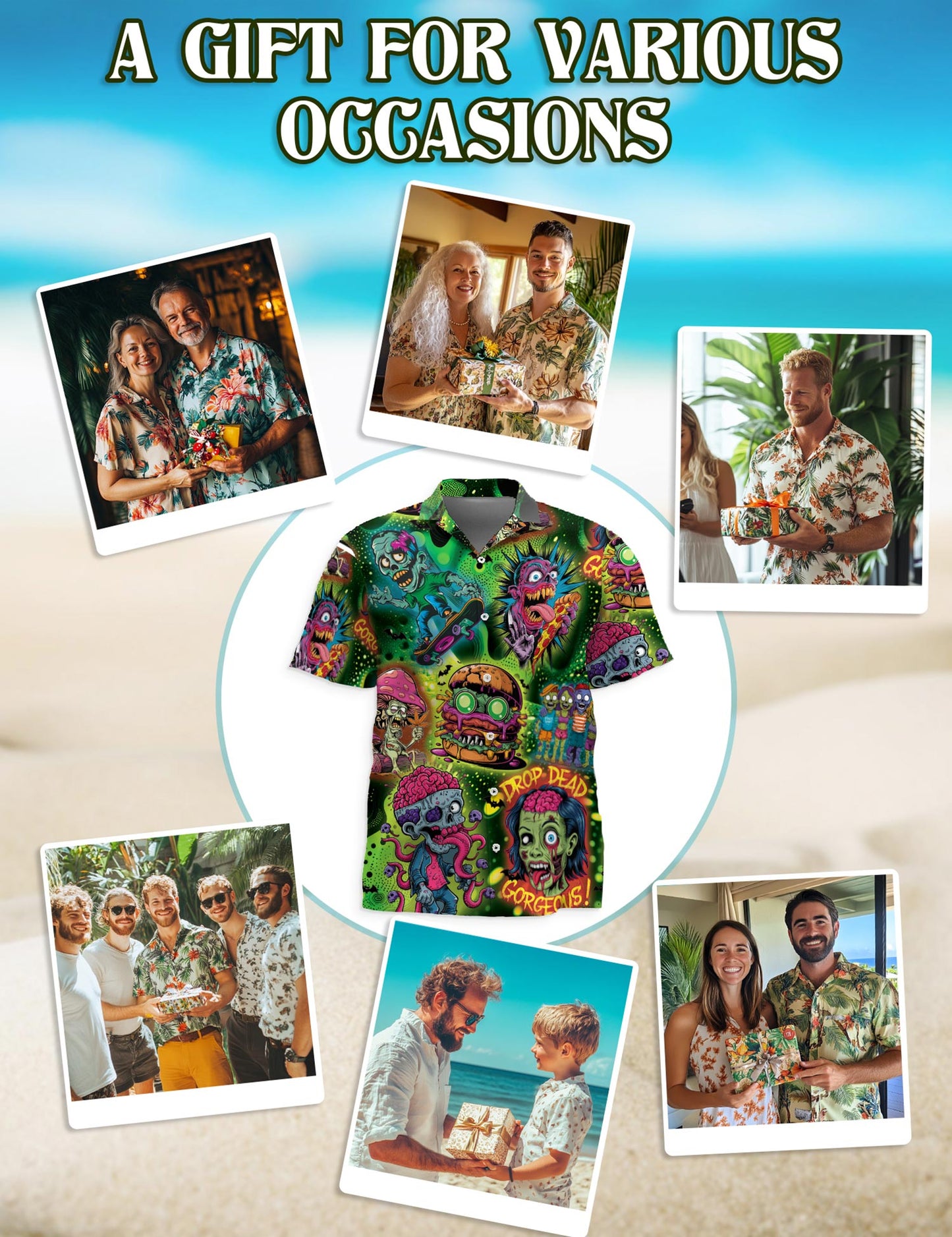 Netecom Zombie Hawaiian Shirt for Men, Funny Style, Button Down Summer Beach Short Sleeve, S-5XL