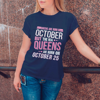 Custom October Birthday Shirt For Women, Personalized Birth Date T-Shirt, Queens Are Born Graphic Tee, Birthday Gift For Her
