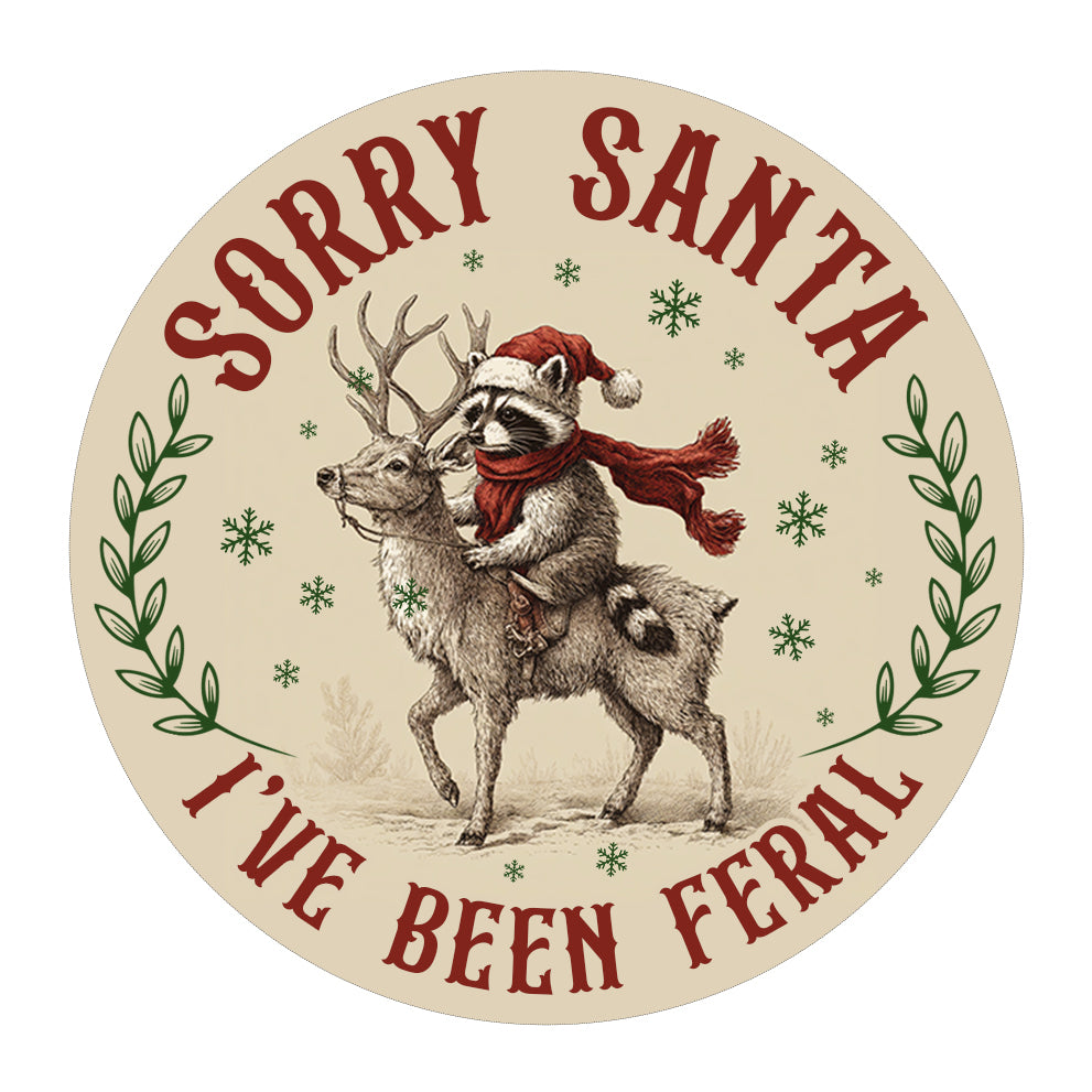 Netecom Funny Raccoon Riding Reindeer Christmas Ornament, Sorry Santa I've been Feral Ceramic Ornament for Xmas Tree Hanging Decorations Gift, Raccoon Lover Gifts, Holiday Party Present
