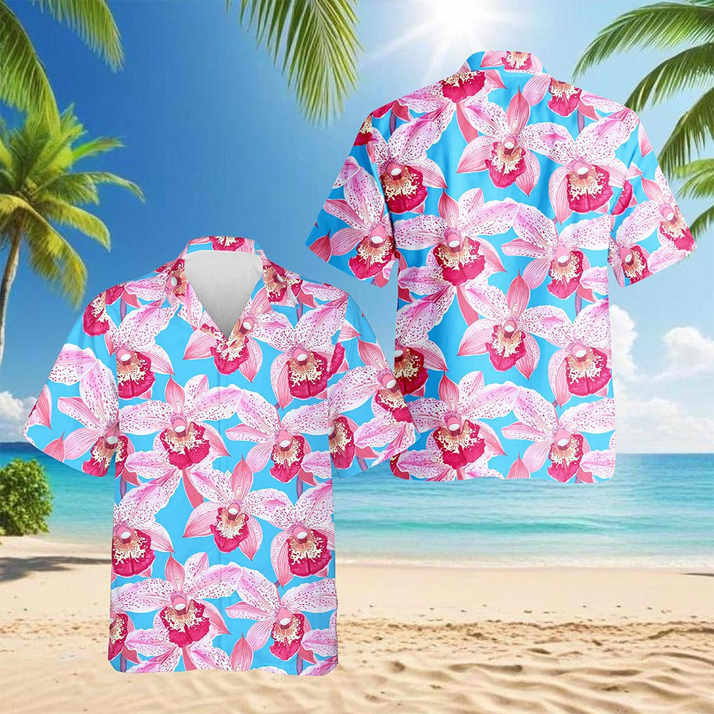Netecom Pink Orchid Hawaiian Shirt for Men, Floral Lover Gifts, Tropical Button Down Summer Beach Short Sleeve Shirts, S-5XL