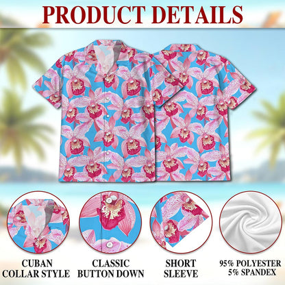 Netecom Pink Orchid Hawaiian Shirt for Men, Floral Lover Gifts, Tropical Button Down Summer Beach Short Sleeve Shirts, S-5XL