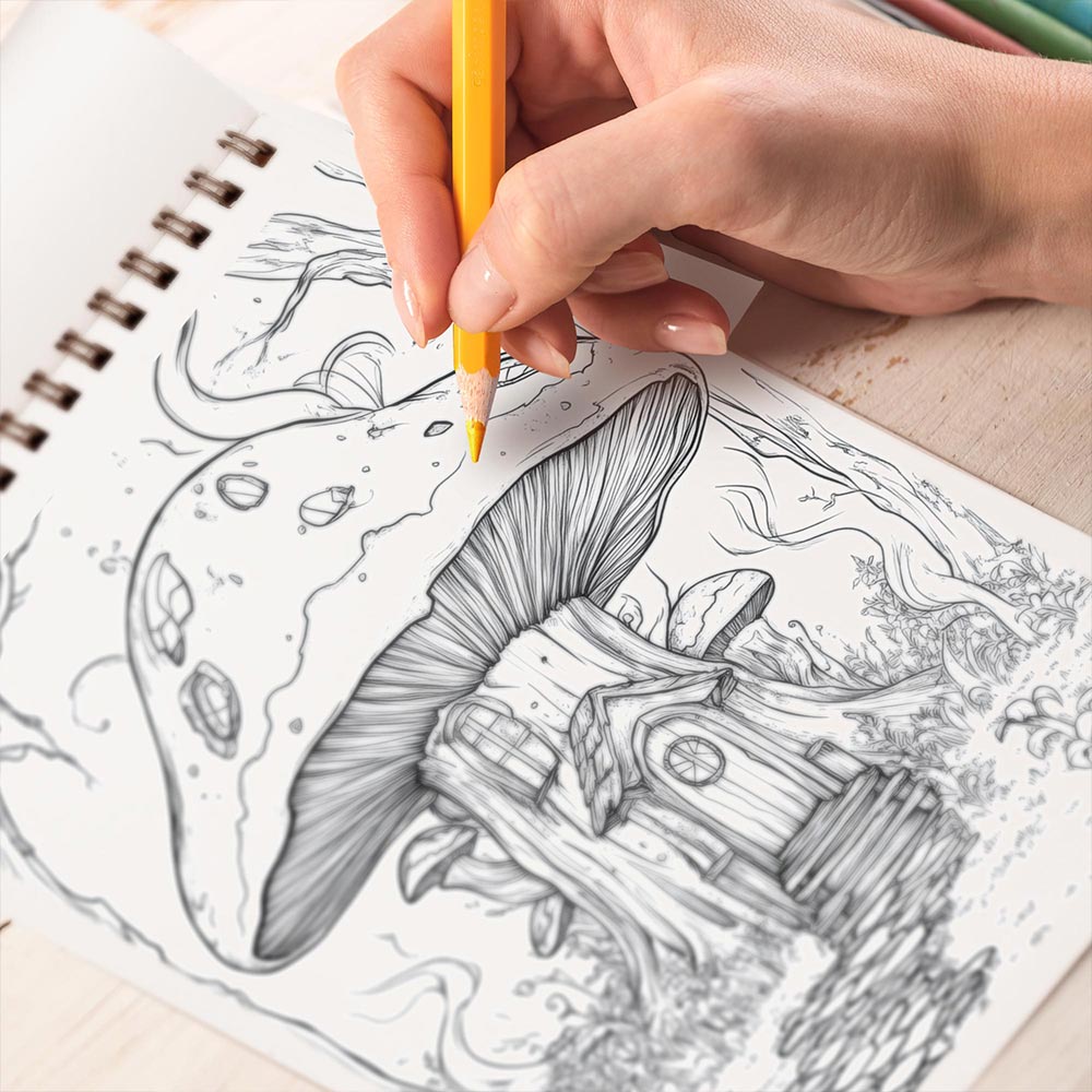 Spooky Mushroom Houses Spiral Coloring Book for Adult