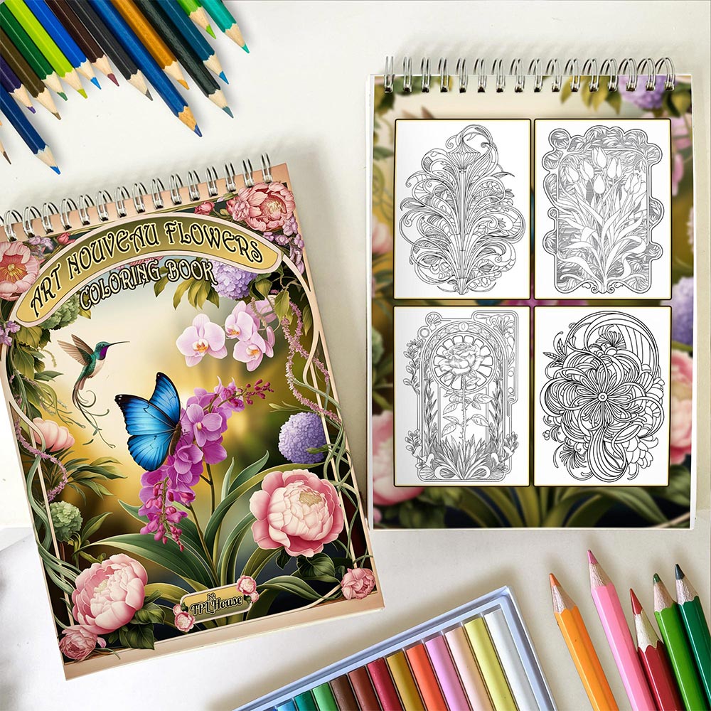 TPLHOUSE Art Nouveau Flowers Spiral Coloring Book for Adults