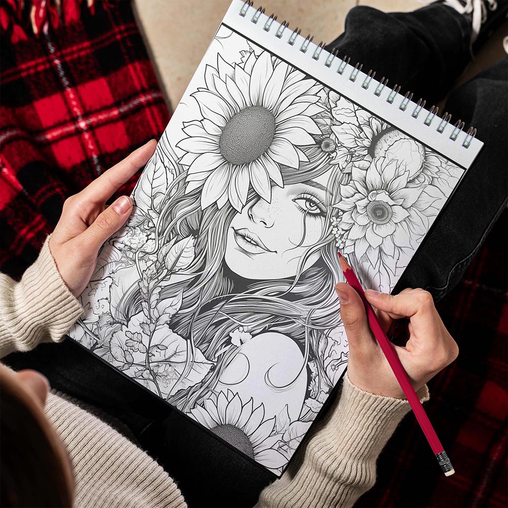 TPLHOUSE Beautiful Sunflower Fairy Spiral Bound Coloring Book for Adult