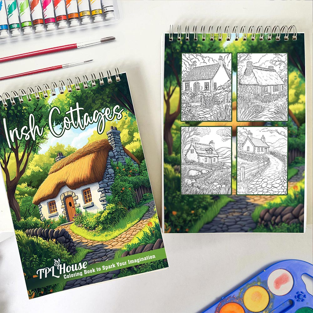 TPLHOUSE Irish Cottages Spiral Coloring Book for Adults