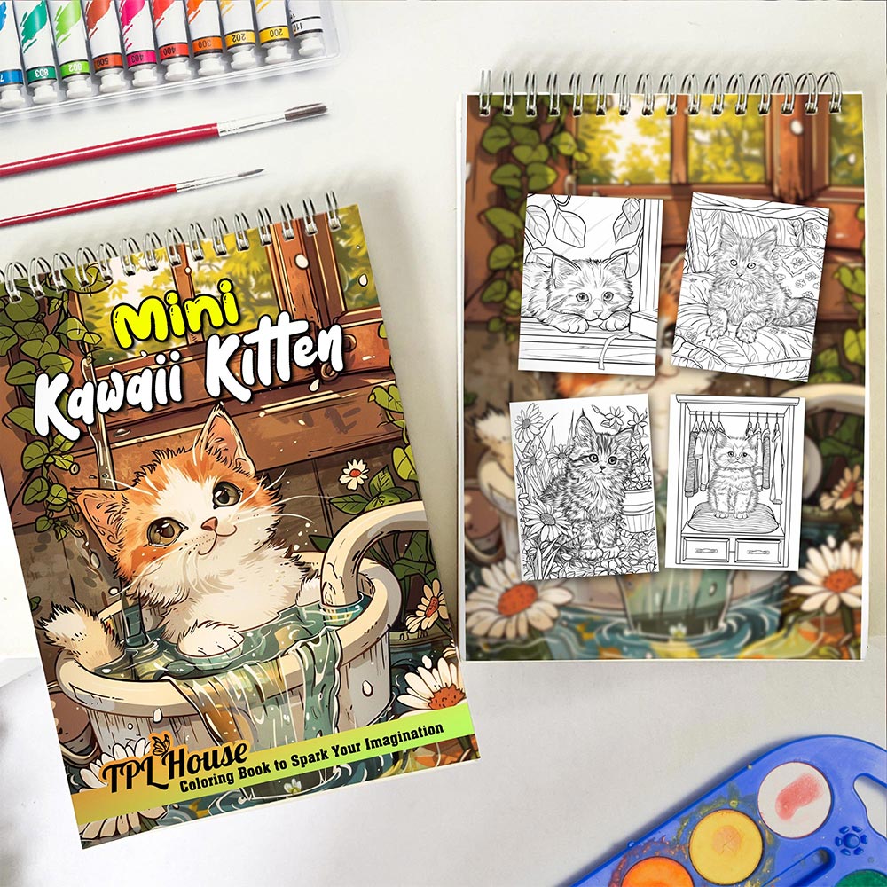 TPLHOUSE Mini Kawaii Kitten Spiral Coloring Book for Adults