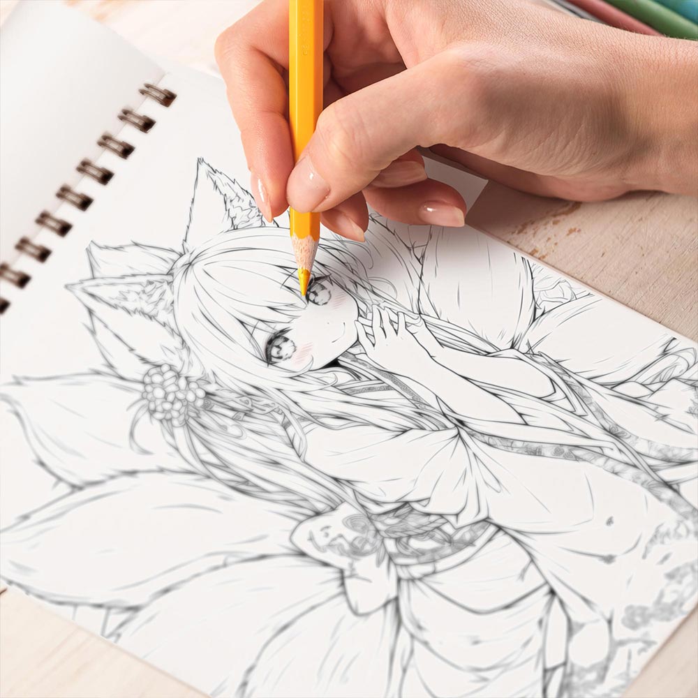 TPLHOUSE Nine-Tailed Fox Girl Coloring Book Spiral Bound for Adult
