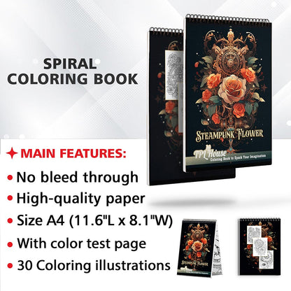 TPLHOUSE Steampunk Flower Coloring Sheets for Adults
