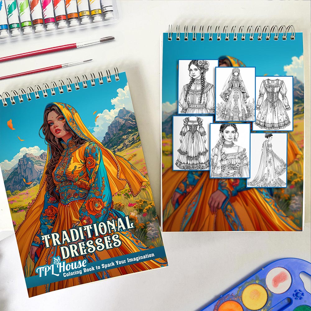 TPLHOUSE Traditional Dresses Spiral Coloring Book for Adults