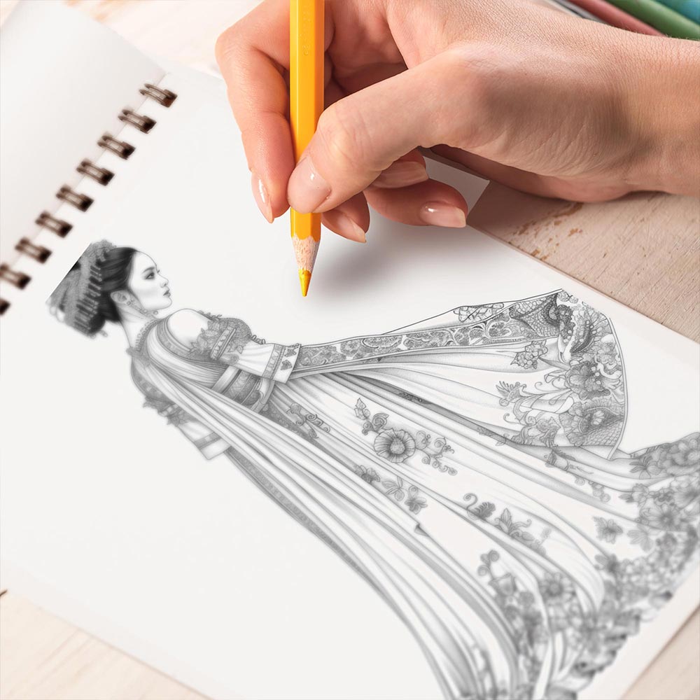TPLHOUSE Traditional Dresses Coloring Book Spiral Bound for Adults
