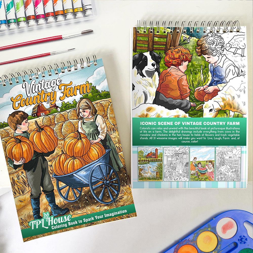 TPLHOUSE Vintage Country Farm Spiral Coloring Book for Adults